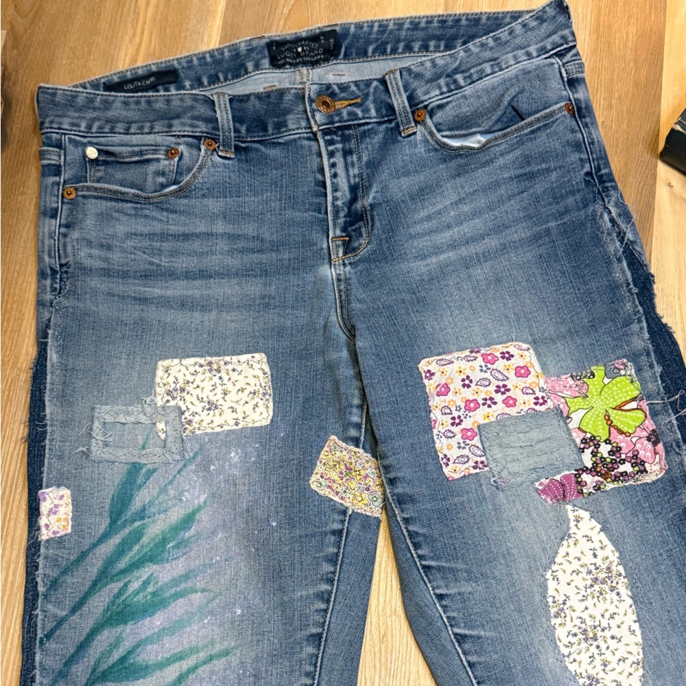 Upcycled Hand-Painted Patchwork Jeans Denim Side … - image 4